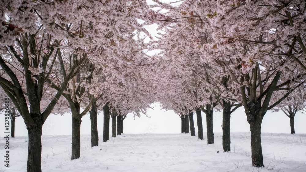 Poster blossoming cherry trees with pink flowers line a snowy path creating a serene spring scene against a