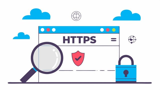 A digital illustration depicting the concept of HTTPS, featuring a browser window, a magnifying glass, a shield, and a padlock against a cloud backdrop.