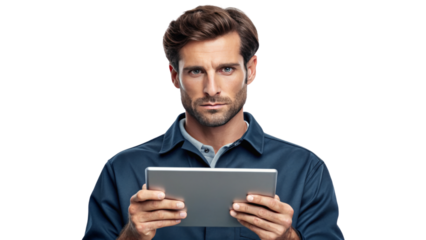 Professional Man Holding Tablet with Serious Expression