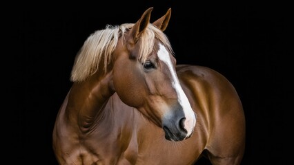 Closeup portrait of a palomino horse in warm golden tones against a solid black background highlighting its graceful profile and elegant mane.