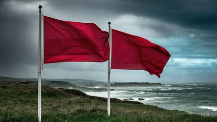 Double red flags waving vigorously in stormy coastal weather with dark clouds and turbulent ocean waves in the background under a moody sky.