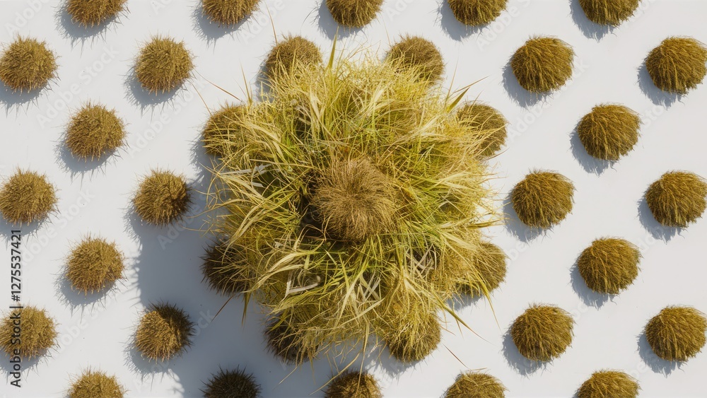Poster dry yellow grass foliage arrangement on white background showcasing texture with circular clusters p