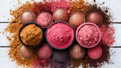 Colorful arrangement of various makeup powders and bronzers in round containers on a white wooden background, featuring shades of pink, brown, and gold.