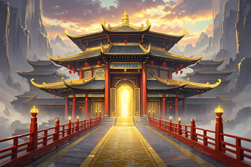 chinese temple at sunset, game slot background