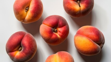 Ripe peaches in various shades of orange and pink arranged in a circular pattern on a smooth white background creating a fresh and vibrant look