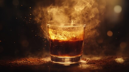 Espresso shot glowing with bold, fiery light effects, set against a dark background for a striking contrast.