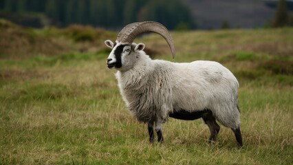 Obraz premium European mouflon standing majestically in green grassland featuring a white coat with dark patches and prominent curved horns under a cloudy sky.