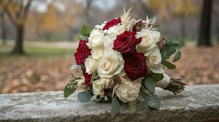 Elegant Red and White Floral Bouquet on Outdoor Stone Surface