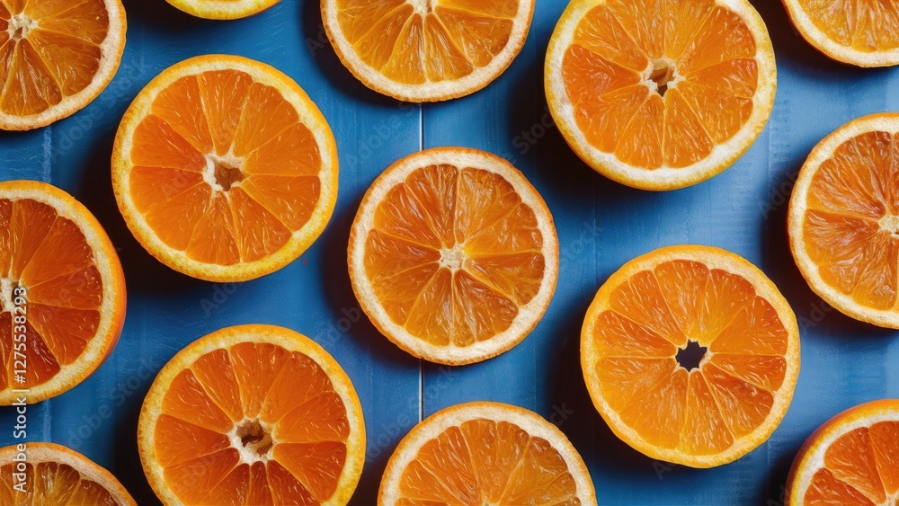 Aufkleber chopped dehydrated orange wheels neatly arranged in rows on a vibrant blue backdrop creating a color