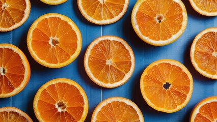 Chopped dehydrated orange wheels neatly arranged in rows on a vibrant blue backdrop creating a colorful and textured background composition