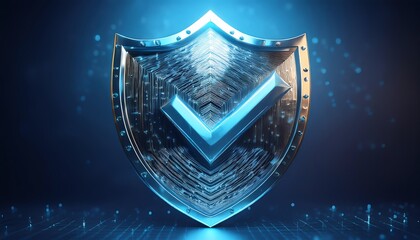 Fototapeta premium A digital shield emblem with a check mark, symbolizing security and protection in a high-tech environment.