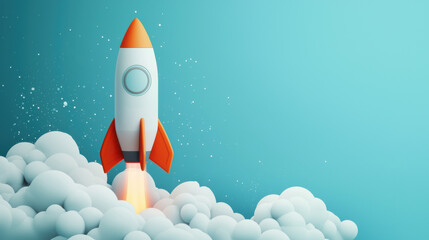 3D of a rocket launching into the sky surrounded by soft clouds and abstract geometric shapes