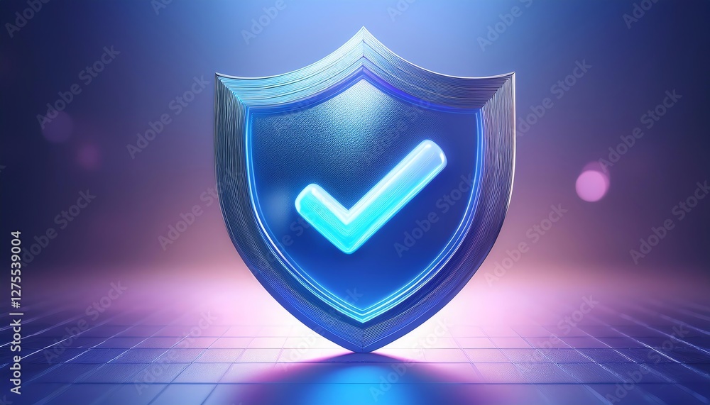 Poster a digital shield icon with a blue check mark symbolizes security and verification against a gradient