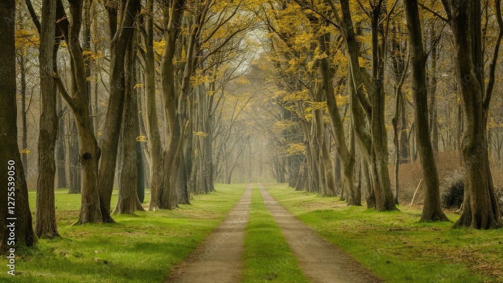Poster serene forest path with lush green grass and softly illuminated trees showcasing fresh spring leaves