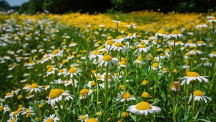 Fototapeta premium Vibrant wildflower field in spring with daisies and yellow blooms abundant against a blurred green backdrop showcasing nature's beauty.