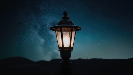 Street lamp glowing softly against a dark night sky with distant mountains adding depth and tranquility to the serene landscape scene