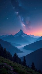 Glowing star trails over a misty mountain landscape, majestic, glow