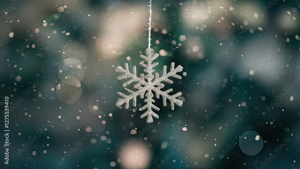 Poster delicate snowflake hanging in the center with soft bokeh background in dark green and white tones, c