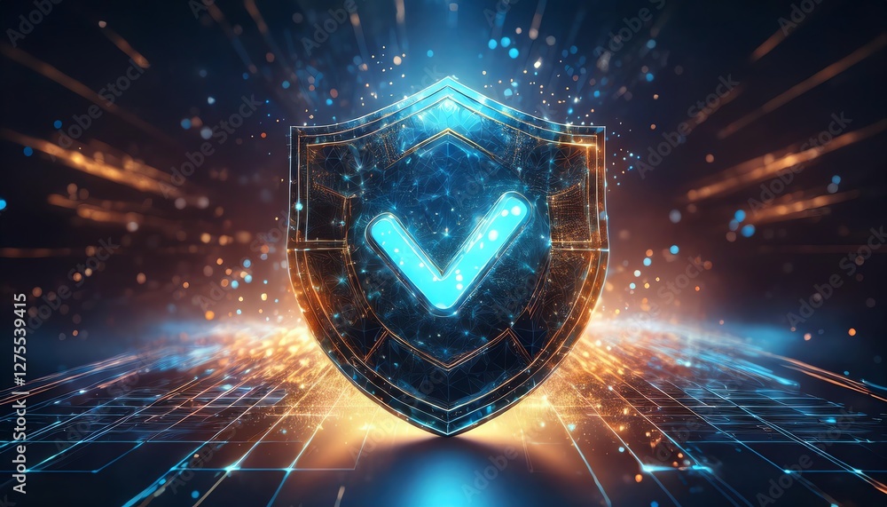 Poster a digital shield with a glowing checkmark, symbolizing security and verification in a futuristic, te