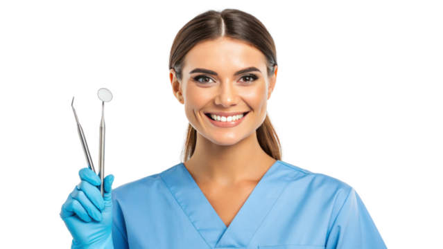 Smiling Dentist Holding Dental Tools in Clinic - Powered by Adobe