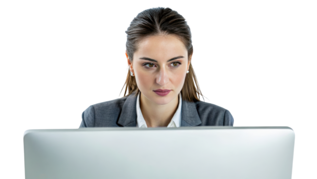 Focused Woman Working on Computer in Office Setting