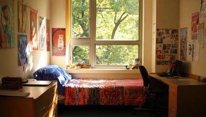 Sunny student dorm room with posters and window view