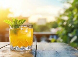 Refreshing yellow cocktail with ice and mint served on a rustic wooden table, perfect for summer vibes.