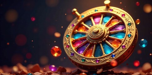 Golden Wheel of Fortune with intricate carvings and gemstones spinning in mid-air, spinning, fortune, gemstone