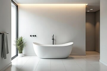 Freestanding bathtub in a minimalist bathroom, showcasing clean contemporary design and serene simplicity.