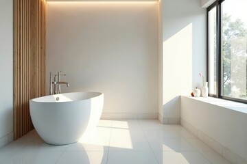 Freestanding bathtub in a minimalist bathroom, showcasing clean contemporary design and serene simplicity.
