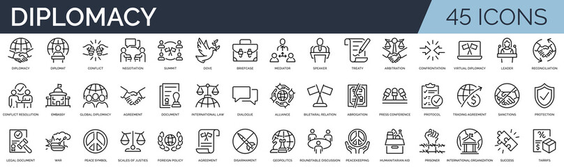Set of 45 outline icons related to diplomacy. Linear icon collection. Editable stroke. Vector illustration