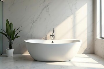 Freestanding bathtub in a minimalist bathroom, showcasing clean contemporary design and serene simplicity.