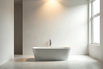 Freestanding bathtub in a minimalist bathroom, showcasing clean contemporary design and serene simplicity.