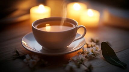 Steaming Cup of Sage Tea with Floral Aroma and Soft Candlelight Glow