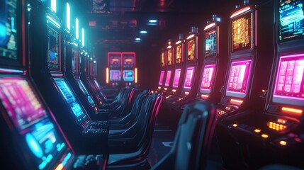 Neon-lit slot machines in a futuristic casino setting. Bright lights, gaming technology, entertainment, gambling, digital screens, modern design, electronic gaming. Generative AI