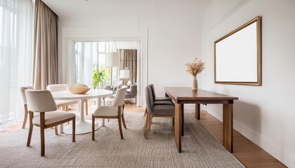 Spacious, Minimalist White Hotel Living Room Interior A Serene Haven with a Sleek Drawer and Elegant Dining Table, Evoking Tranquility and Modern Luxury.