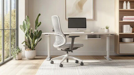 The chair should be positioned at the desk, facing the computer screen, with comfortable space for the arms to rest. 