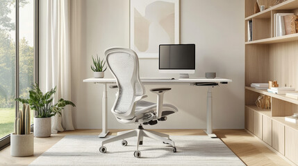 Fototapeta premium The chair should be positioned at the desk, facing the computer screen, with comfortable space for the arms to rest. 