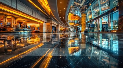 Luxurious casino interior with golden lighting, sleek architecture, and reflective marble floors. Opulent atmosphere, high-end design, elegant entertainment, modern gaming venue, wealth. Generative AI