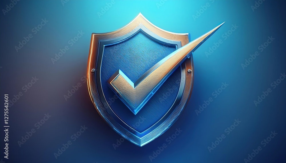 Poster a stylized shield emblem with a checkmark, symbolizing security and verification against a blue back