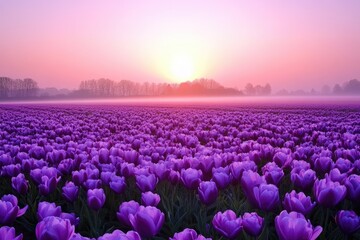 Sunrise over purple tulip field