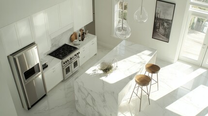 Chic modern European kitchen with a bright white color scheme, marble countertops, and sleek stainless appliances, top view.