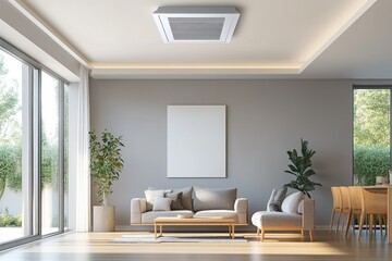 Modern living room ceiling cassette air conditioner, sunlight, garden view