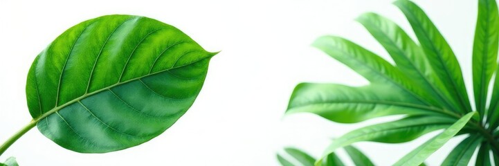 Fototapeta premium Large, leathery leaf with prominent midrib on isolated white background, tropical, nature, flora