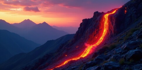 Fototapeta premium Lava flows down a steep mountain slope at dusk, sunset, night