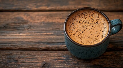 Coffee in a ceramic mug, on a wooden table, a warm beverage drink for a relaxing time