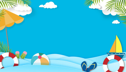 Summer background,Beach sea wave with palm leaf,could on blue sky background for Holiday vacation banner,Vector backdrop paper cut Summertime for poster sale,promotion
