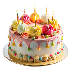 birthday cake with candles isolated on transparent white background, clipping path