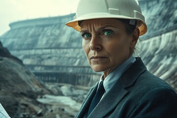 Confident Female Engineer at Dam Construction Site