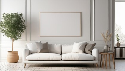 Striking Minimalist White Living Room in Modern Design Sleek Frame Mockup Against a Blank Canvas Backdrop, Exuding Clean Lines and Bold Simplicity.